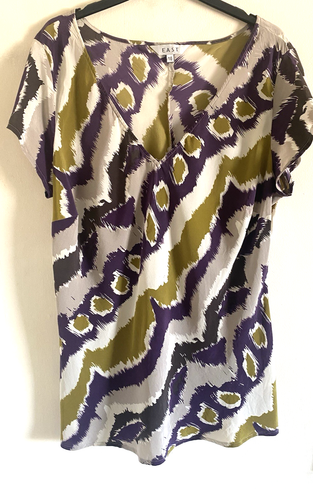 East 100% Silk Abstract Print Short Sleeved Summer Top Blouse Size UK 16