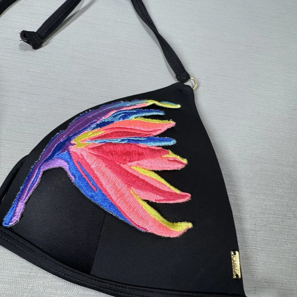 Victoria's Secret ROSA Talla Mediana Triángulo Halter Natación Top Negro Bordado Foto 3 de 4