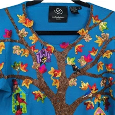 Vintage 2003 NWOT MICHAEL SIMON Glitzy Sequined Sweater Birds Autumn Tree Medium