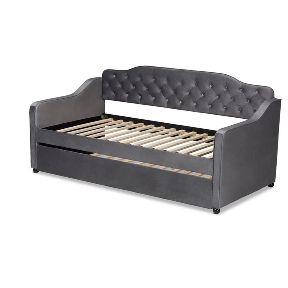 Cama de día Bowery Hill tradicional de terciopelo tamaño doble botón acolchado con nido en gris Foto 4 de 4