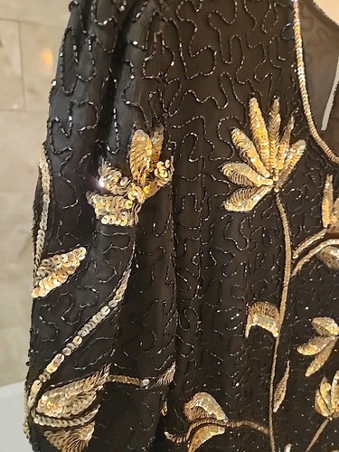 Carina X 4 ( 24" ) Beautiful Sequined and Beaded Sheer Black & Gold SS Shirt K - Picture 4 of 10