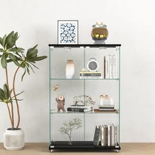 Modern Glass Display Cabinet w/ LED Lights, Quick-assembly, 2-Door 3-Shelf