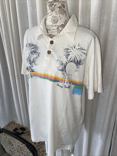 HANG TEN POLO T SHIRT Label Wooden Button Hawaii Surf Rainbow Men’s XL - Picture 2 of 7