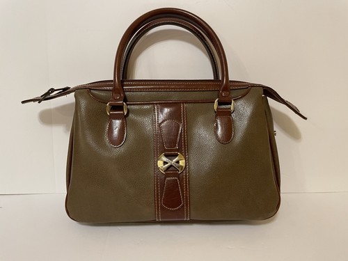 Vintage Carryland Satchel Tan Green Brown Leather Structured Handbag MCM Classy - Picture 2 of 16