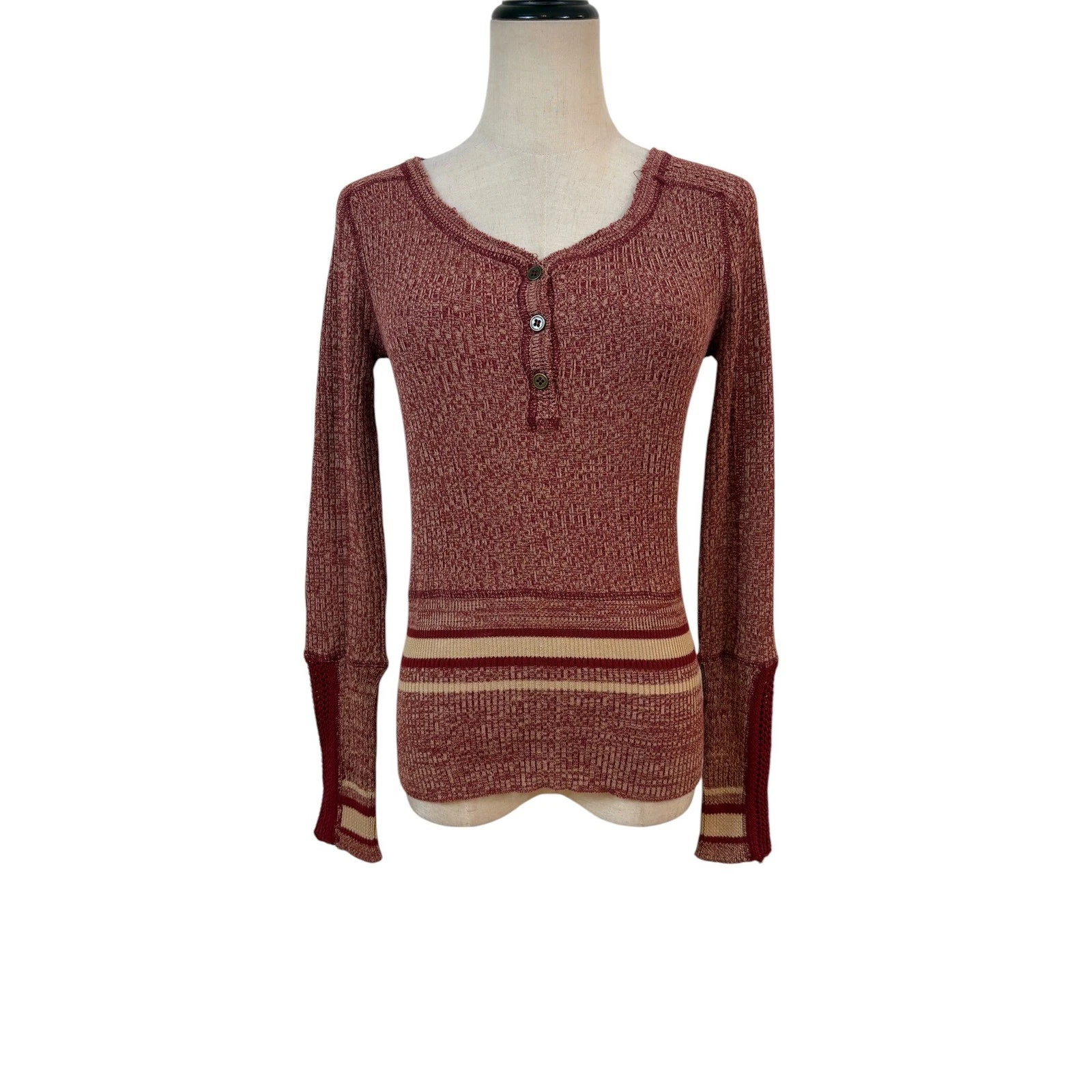 We The Free Henley Top Womens XS Burgundy Knit Thermal Striped Boho sock monkey