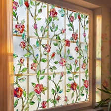  Stained Glass Window Privacy Film: 3D Rose Floral Decorative 16.9 x 39.4IN Red