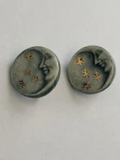 Vintage Pottery/Clay Moon Face Clip On Earrings Celestial Star & Moon
