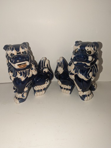 2 Vintage blau-weiße chinesische Foo Hunde