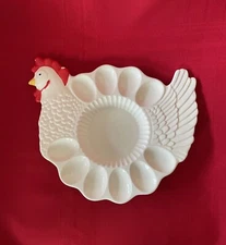 Chicken Hen Shaped Ceramic Deviled Egg Platter Dish Tray with Dip Holder Vintage