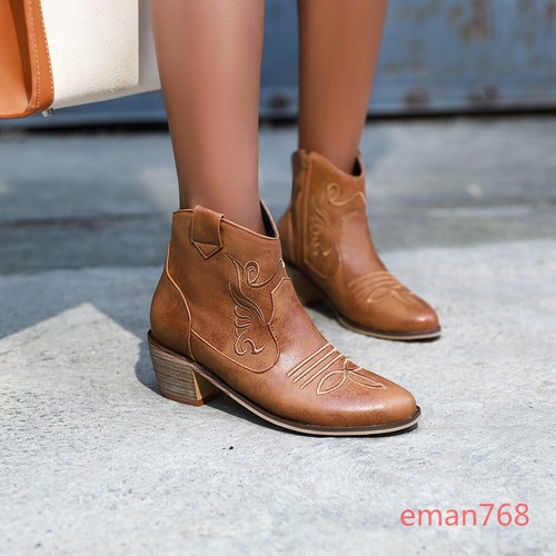 Women's Western Cowboy Boots Ladies Chunky Mid Heel Ankle Boot Punk Shoes Sizes - Picture 11 of 15