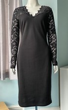 MIUSOL Ladies Black Jersey Bodycon Dress Lace Detail Shoulders & Sleeves Size M