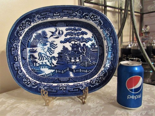 Antique 1869 Staffordshire Hulse & Adderly Blue Willow Platter * 13 1/2" Long - 第 7/12 張圖片