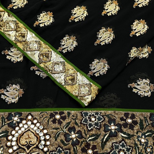 Vintage Heavy Black Dupatta Pure Georgette Silk Long Stole Hand Embroidered Veil - Picture 14 of 24
