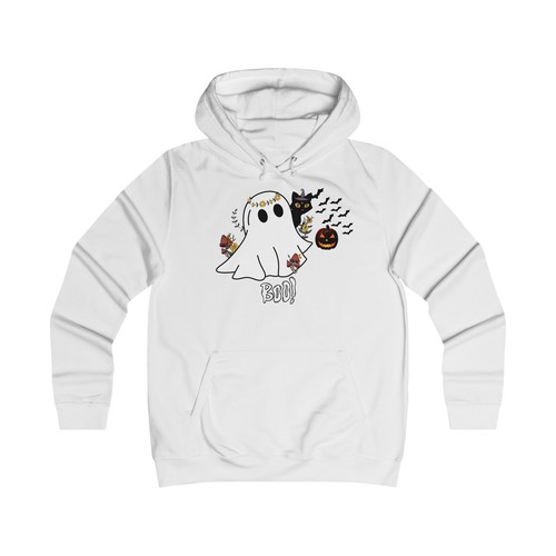 Cute Halloween Ghost Boo Hoodie, Women's Halloween Sweatshirt, Spooky College - Picture 2 of 9