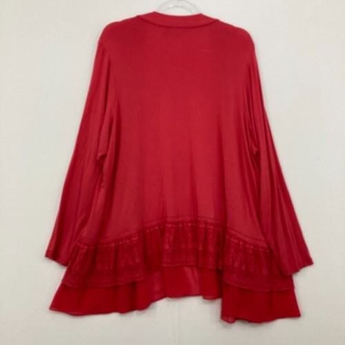 LOGO Lori Goldstein size 2X Red Stretch Knit Lace Hem Open Front Light Jacket - Picture 8 of 10