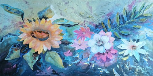 Sonnenblume 50 X 100 cm Mix XL Leinwandbild Bernhard Gerner Original blau gelb  - Bild 1 von 10