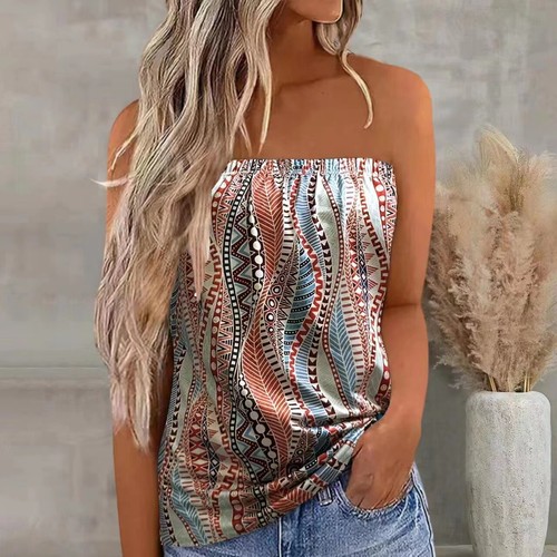 Women Summer Strapless Bandeau Boob Tube Tops Ladies Beach Blouse T Shirt Tops - Picture 30 of 134