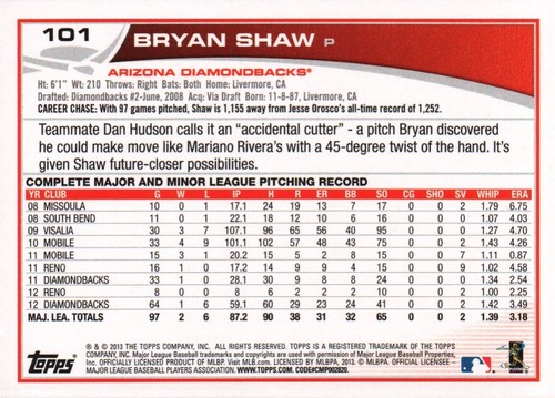 2013 Topps Baseball #101 - Bryan Shaw - Arizona Diamondbacks (3398) - Bild 2 von 2