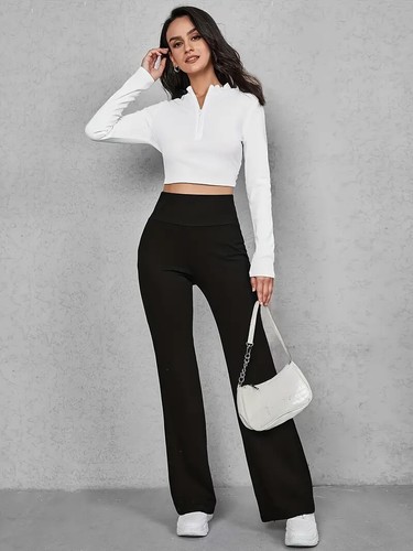 Women's black Casual High Waist Straight Legs Solid Pants Stretchy S M L - Picture 5 of 5