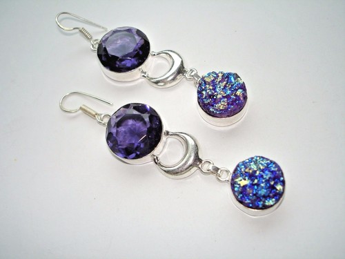 AB Titanium Druzy Purple Amethyst .925 Silver Hook Earrings 3" One-of-a-Kind - Picture 3 of 4