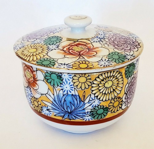 Vintage Japanese Porcelain Trinket Floral Kutani Round Tea Bowl w/ Lid Gold Rim