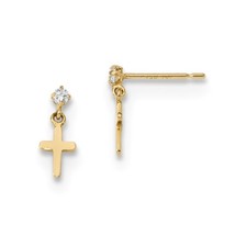 Real 14kt Yellow Gold Madi K Childrens CZ Cross Post Dangle Earrings