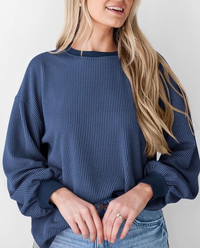 Women's Long Sleeve Tee Shirts Fall Trendy Clothes Casual Loose Crewneck Ribb... - Picture 10 of 10