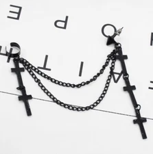 Gothic Punk Cuff Dangle Drop Cross Earrings- Long Chain Stud Tassel, Gift, Black