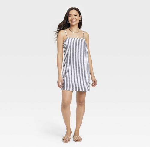 NWT Women's Linen Dress - A New Day Blue Gray Striped XXL NEW