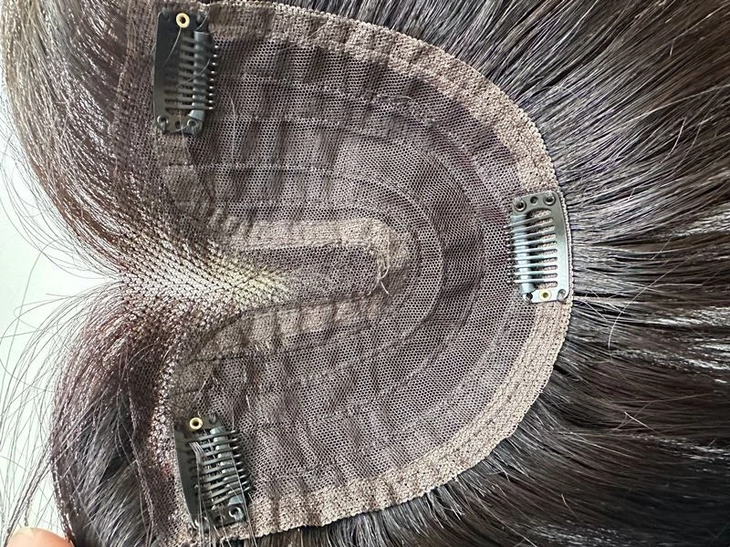 6"x5.5"Traceless Lace Front 100% Human Hair Topper Clip in Dark Yellow Brown 10" - Image 4 of 4