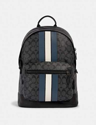 Coach Men s West Backpack Signature Canvas With Varsity Stripe - Charcoal/Denim