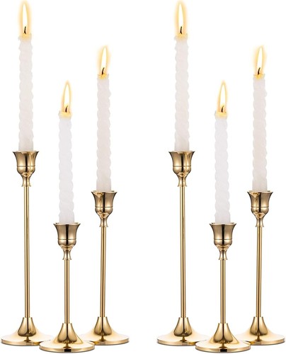 Elegant Brass Gold 6-Piece Taper Candle Holder Set – Vintage Modern Centerpiece - Bild 3 von 9