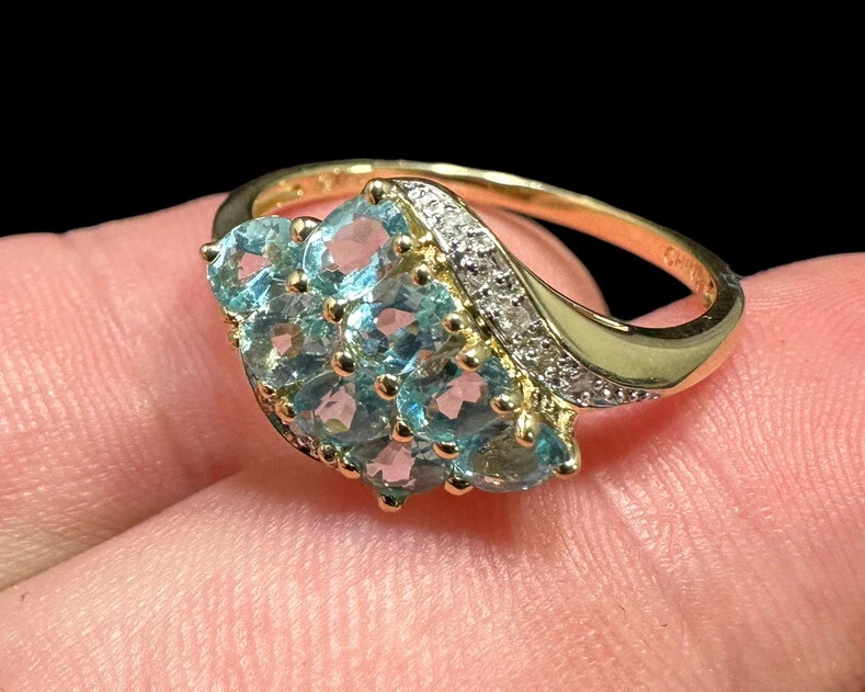 Anillo Michelle Albala 14k Topacio Azul Cielo Punta Y Pavé Diamante Talla 10 Firmado Foto 2 de 4