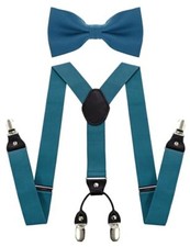Solid Color Suspender and Silk Bow Tie Sets for Men Peacock Blue