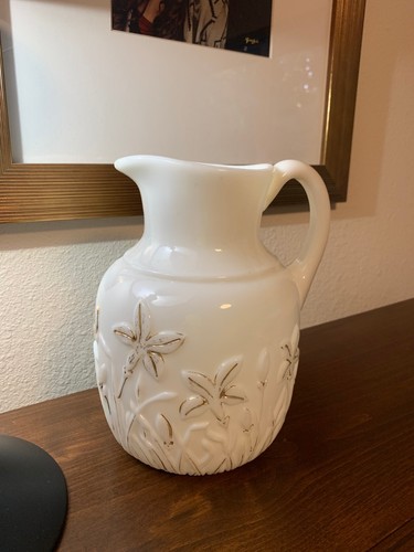 WHITE MILKGLASS PITCHER WITH FLORAL GOLD DESIGN - Picture 1 of 5