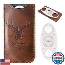 Stainless Steel Cigar Cutter with Leather Case,Double Blade for a Precise Per