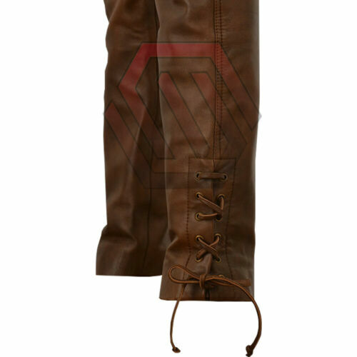 Mens Real High Quality Cowboy Style Brown Leather Waxed Pant Jeans Trousers Cuir - Picture 4 of 6