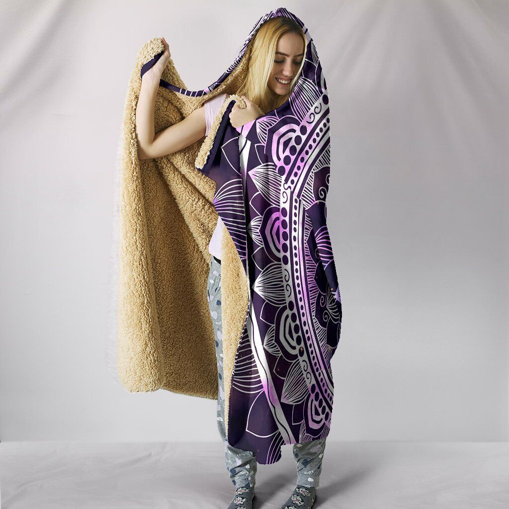 Purple Black Mandala Hooded Sherpa And Microfiber Blanket With Hood Świetna wartość zamówienia pocztowego