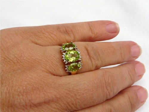 925 Peridot 3 stone ring Oval 18K over Sterling Silver Diamond accents Size 8 - Picture 3 of 11