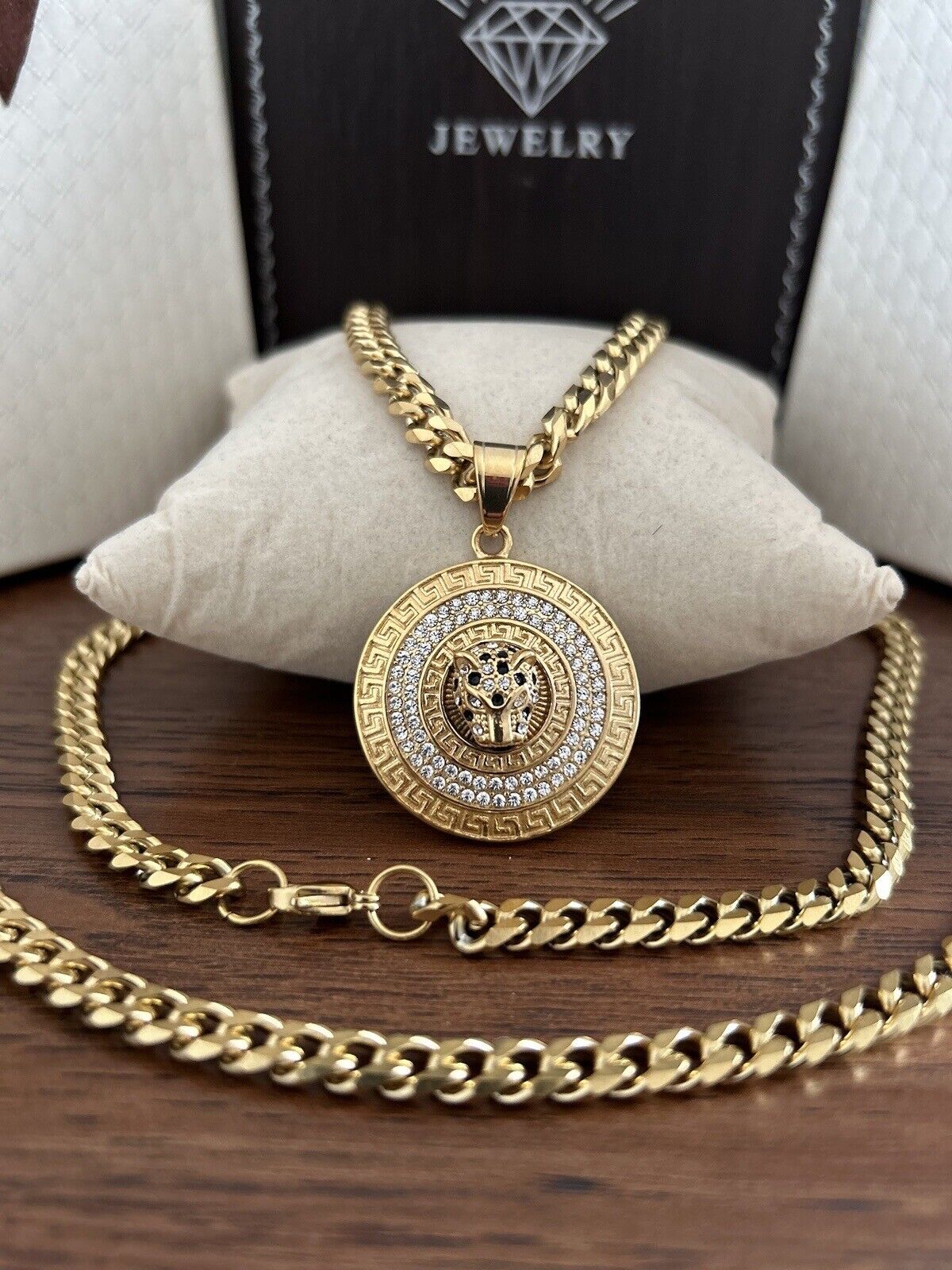 26” Cuban Links Chain & 8.5” Bracelet Set Cougar  Pendant, 18k Gold Filled