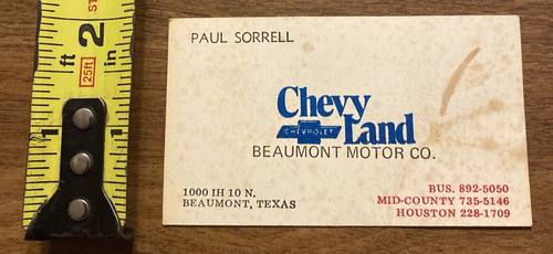 Vintage 1970s Chevy Land Chevrolet Beaumont Motor Co Business Card Texas TX P1H - Imagen 7 de 9