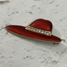 Gold Toned Womens Fashion Jewelry Red Hat Brooch Pin W Rhinestones