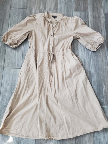 Who What Wear Beige Poplin Midi Dress W/ Puff Sleeves &Tie Waist In Sz S. EUC