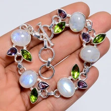 Rainbow Moonstone Peridot Gemstone 925 Silver Handmade Bracelet 6-8" ARB-1147