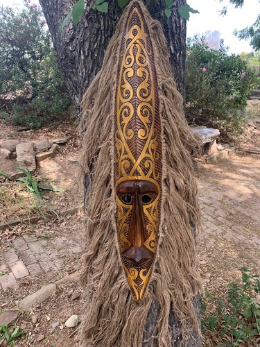 Tribal Primitive African Tiki Tattoo Art Mask with Hair 39”x 6” - Picture 5 of 7