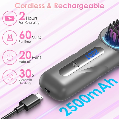 Hair Straightener Brush Cordless Rechargeable 4 Heating Temperature Styling Comb - Picture 10 of 19