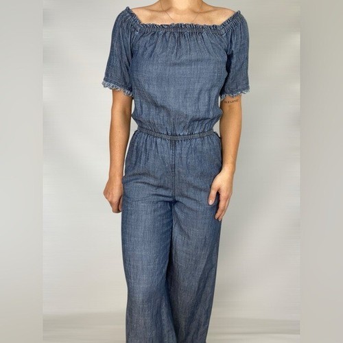 TRINA TURK Chambray Off The Shoulder Jumpsuit Denim Raw Hem Fray Linen Boho - Bild 3 von 11