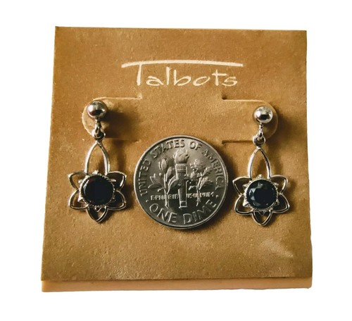 Faceted Onxy Flower Drop Earrings Dainty Sterling Silver Pierced Talbots NEW - Picture 4 of 8