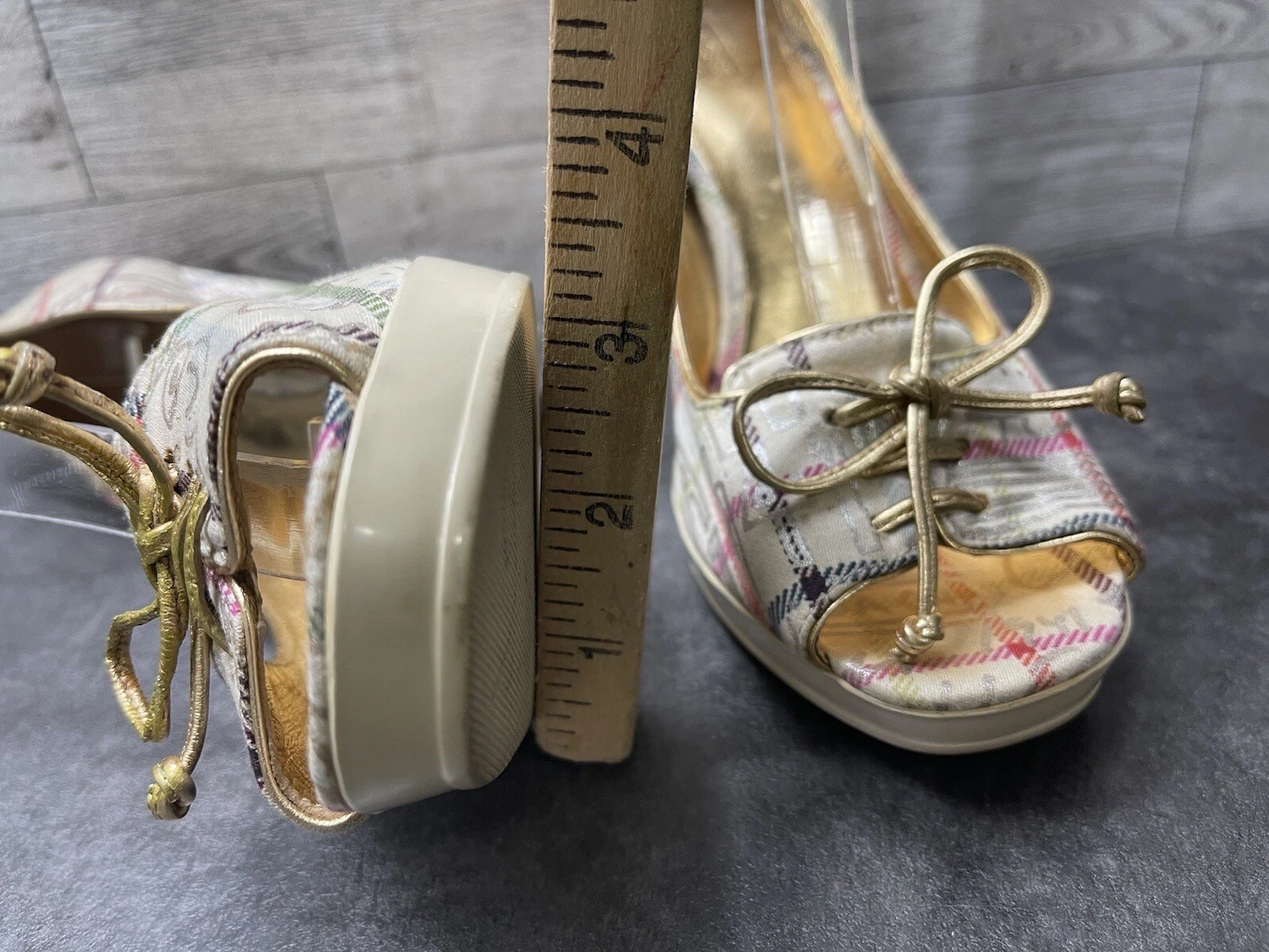 Scarpe Coach tacco donna 6 5B Corey beige raso a righe punta aperta eleganti decolte