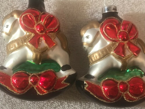 Christmas ornaments set of 2 glass rocking horses red bows EX3648 - Picture 6 of 7
